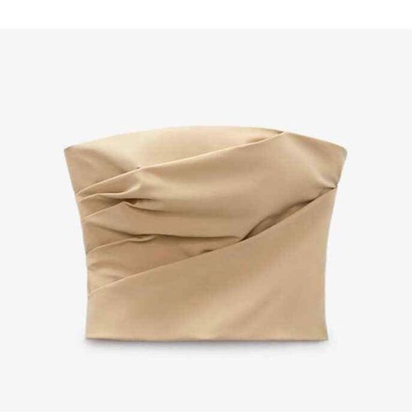 Zara Straight Neck Side Pleated Sleeveless Top Tan XL NWT - Picture 1 of 9
